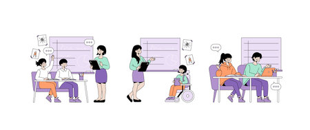 Vector illustration of students and teacher in a classroom setting. Students engage in activities, reading, discussing, and using devices, promoting diverse learning experiences and inclusivity.のイラスト素材
