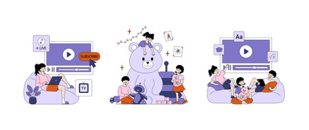 Vector illustration of children engaged in digital and play activities. Kids interact with video content, plush toys, and enjoy leisure time with positive emotions and creativity.のイラスト素材