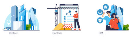 Vector illustration displaying construction and real estate technology themes. Features futuristic buildings, digital construction tools, and collaborative work by a group of individuals in a tech environment.のイラスト素材