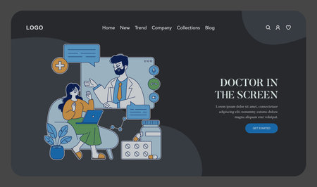 Vector illustration of a virtual telemedicine consultation showing a doctor on a screen interacting with a patient using a laptop. Represents modern healthcare technology and communication.のイラスト素材