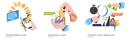 Vector illustration depicting various loan processes including embedded loans, business loans, and instant approval. Visual elements highlight digital transactions and financial dynamics.のイラスト素材