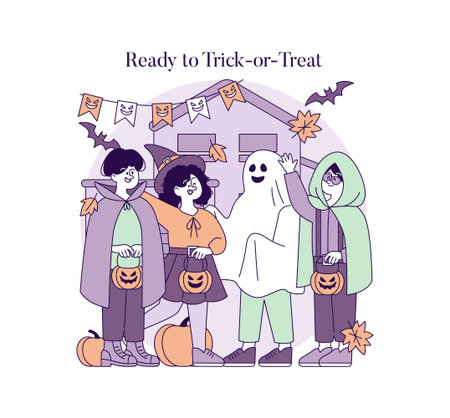 Halloween-themed vector illustration featuring a group of friends in costumes ready for trick-or-treating. Includes playful attire like a witch, ghost, and caped figures with animated expressions.のイラスト素材