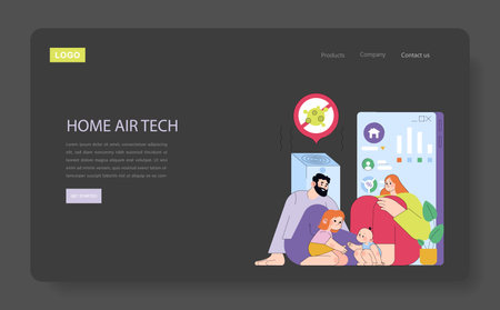 Vector illustration of a family engaging with smart home technology for clean air. The image depicts interaction with digital devices and air tech features, enhancing home comfort.のイラスト素材