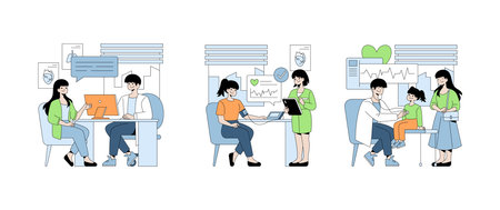 Vector illustration of a doctor consulting with a family, discussing medical results, and checking a patients vitals. Emphasizes healthcare, patient care, and doctor-patient interactions.のイラスト素材