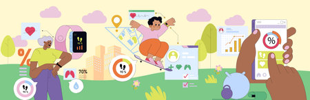 Vector illustration depicting a vibrant digital health scene. One person is interacting with a smartphone showing health statistics, while another is using a smartwatch, surrounded by fitness and health data elements.のイラスト素材