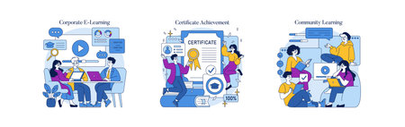 Vector illustration set depicting digital learning. Includes scenes of corporate e-learning, certificate achievement, and community learning, highlighting interactive and collaborative processes.のイラスト素材