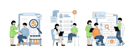 Vector illustration featuring scenes of medical consultation and research. depicts healthcare professionals interacting with patients in various scenarios, holding medical documents and equipment.のイラスト素材