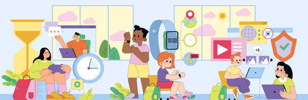 Vector illustration of a diverse group of people interacting with digital devices and futuristic concepts. Features include smartwatches, tablets, and various tech elements encouraging connectivity and innovation.のイラスト素材