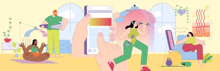 Vector illustration showing people engaging in various fitness activities at home. Includes yoga, weightlifting, and using a fitness app. Bright, colorful, and energetic design promotes health.のイラスト素材