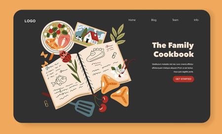 Vector illustration of a family cookbook layout, featuring hand-drawn recipes, food elements, and a rustic house image. Includes pasta, vegetables, and creative kitchen essentials.のイラスト素材