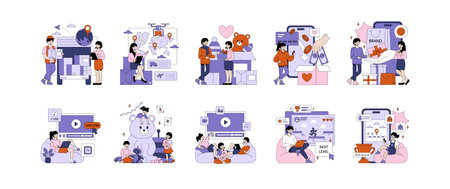 Vector illustration depicting various e-commerce and online activities. Scenes include delivery, global logistics, shopping, transactions, streaming, gaming, and social interaction, highlighting modern technology trends.のイラスト素材
