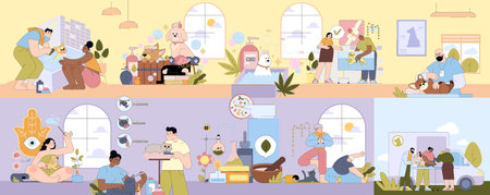 Vector illustration depicting a variety of pet spa and wellness activities. People giving baths, massages, and relaxation treatments to animals, highlighting care and happiness.のイラスト素材