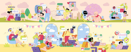 Vector illustration depicting various daily life interactions with technology. Scenes include video calls, virtual assistants, and social media use, emphasizing connectivity and digital engagement.のイラスト素材