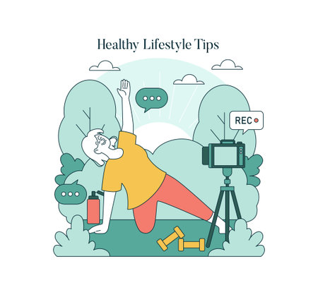 Vector illustration of a person exercising outdoors while filming a home workout tutorial. The scene includes fitness props like a mat and dumbbells, promoting a healthy lifestyle.のイラスト素材