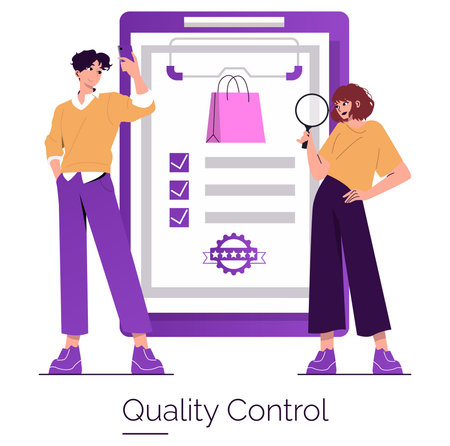 Vector illustration of two people involved in a quality control process. One holds a magnifying glass, examining a checklist, while the other appears engaged in analyzing results.のイラスト素材