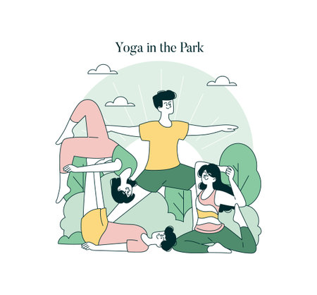 Vector illustration of a group practicing yoga in a park setting, depicting diverse poses and harmony. Simplistic style featuring trees and clouds, highlighting relaxation and mindfulness.のイラスト素材