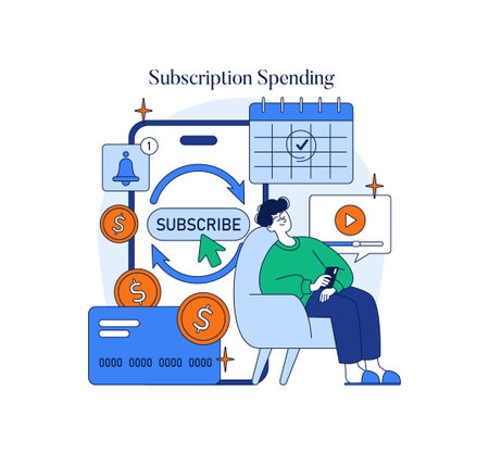 Vector illustration depicting a person managing subscription spending on a digital platform. Icons show notifications, payments, and a calendar, emphasizing financial planning.のイラスト素材