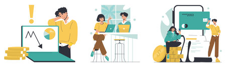 Vector illustration showing business challenges with stock market decline, teamwork collaboration, and digital payment using credit cards. Emotions range from concern to teamwork and innovation.のイラスト素材