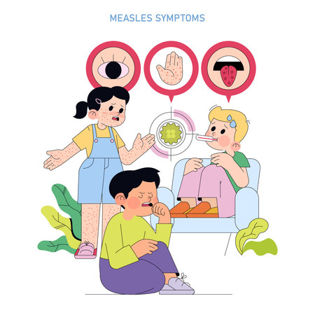Vector illustration of children displaying measles symptoms, including rash, fever, and discomfort. The visual highlights common indicators such as spots and feverish expressions.のイラスト素材