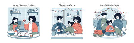 Vector illustration depicting a family enjoying holiday moments. Scenes include baking Christmas...