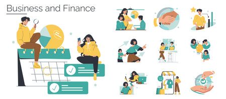 Business and finance themed vector illustration set showcasing teamwork, strategy, and progress. Features actions like planning, analysis, and collaboration in diverse business scenarios.のイラスト素材