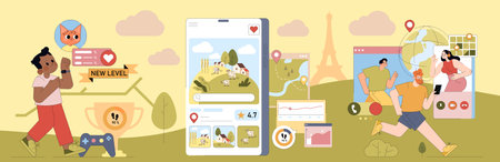 Vector illustration depicting individuals engaging with digital devices to achieve gaming milestones...