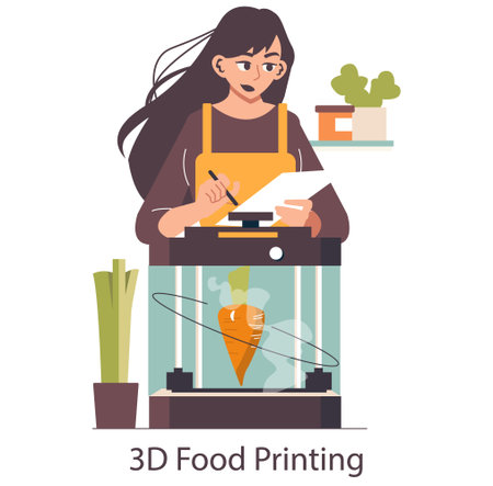 Female wearing an apron using a tablet to manage a 3D food printer. Vector illustration showcases modern technology in culinary arts, highlighting innovation and creativity.のイラスト素材