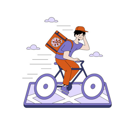 Vector illustration of a delivery cyclist riding a mobile phone representing a map. The rider carries a pizza bag, depicting fast and efficient food delivery service.のイラスト素材