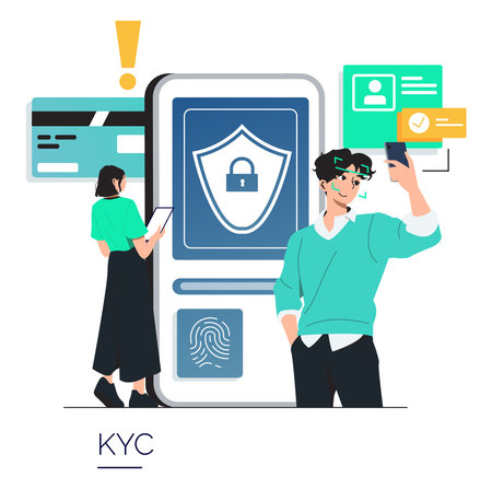 Explore digital KYC processes with this vector illustration featuring identity verification. Individuals interact with digital interfaces, using devices for biometric authentication and document scanning.のイラスト素材
