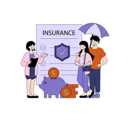 Vector illustration of a family consulting with an insurance agent. The agent presents a policy document while the family stands nearby under an umbrella, symbolizing protection and security.のイラスト素材