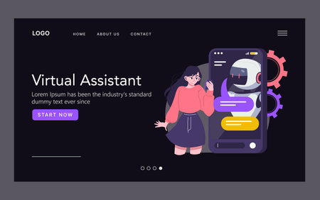 Creative vector illustration of a virtual assistant website homepage featuring a human interacting with a robot on a smartphone screen. The design highlights AI technology concepts.のイラスト素材