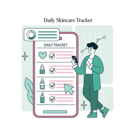 Vector illustration of a digital skincare tracker with a person checking their routine on a smartphone. Features checklist items like moisturizers and serums on a large screen display.のイラスト素材