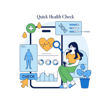 Vector illustration depicting a woman using a healthcare app for a quick health check. The image includes digital health data, DNA analysis, and wellness monitoring elements.のイラスト素材