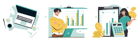 Vector illustration showing laptop with charts, a confident person analyzing financial data, and another evaluating earnings with calculator and coins, representing business growth and strategy.のイラスト素材