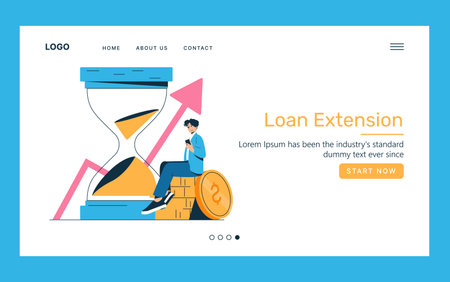Vector illustration of a businessman sitting on stacks of coins next to a large hourglass. The scene symbolizes financial growth, time management, and loan extension concepts.のイラスト素材
