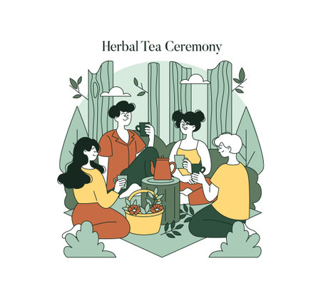 Vector illustration depicting a group of friends enjoying a herbal tea ceremony outdoors. The scene showcases a serene setting with plants and a basket of flowers, highlighting relaxation and togetherness.のイラスト素材
