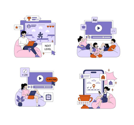 Vector illustration set showing people interacting with digital content. Includes gaming, streaming, and social media on different devices in relaxed home settings.のイラスト素材