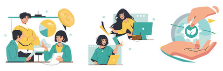 Vector illustration set depicting business collaboration with professionals discussing financial growth, customer support, and sustainability. Includes teamwork, digital technology, and environmental awareness.のイラスト素材
