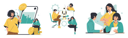 Vector illustration showing three scenes of teamwork and technology use. A woman examines data with a magnifying glass, colleagues coordinate a project, and a team discusses documents.のイラスト素材