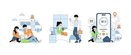 Vector illustration depicting emergency response scenarios. Includes CPR by paramedics, a medical consultation, and an emergency call to 911. Emphasizes urgency and care in crisis situations.のイラスト素材