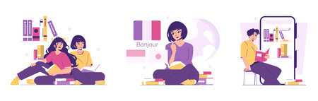 Vector illustration featuring diverse individuals engaging in reading and study activities. They are surrounded by books, highlighting cultural learning and language diversity in an educational setting.のイラスト素材
