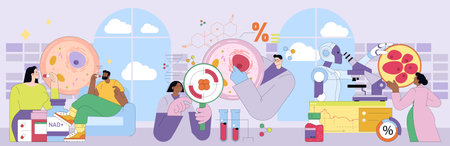 Scientists are focused on examining cells using microscopes and charts in a laboratory setting. Diverse team collaborates to study cellular structures, showcasing teamwork and innovation.のイラスト素材