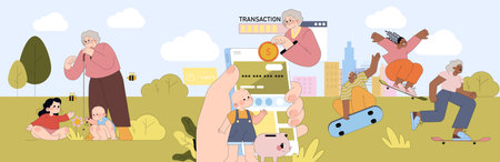 Vector illustration showing children and elderly engaging in outdoor activities and digital financial transactions. A cheerful scene combining technology, play, and connection across generations.のイラスト素材