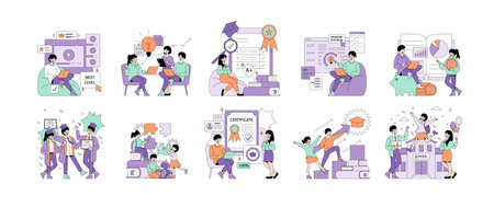 Vector illustration depicting students engaging in learning activities, achieving academic success, and celebrating graduation. Scenes include teamwork, coding, financial literacy, and graduation joy.のイラスト素材