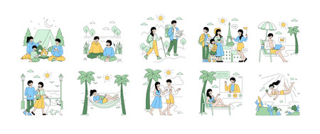 Vector illustration depicting diverse outdoor activities. Scenes include camping, hiking, exploring, relaxing, swimming, and socializing. Emotions range from contentment to adventure.のイラスト素材