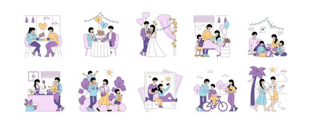 Vector illustration set depicting various life moments. Scenes include romantic dinners, wedding, family activities, new baby arrivals, and beach strolls. Emotions of love and happiness are captured.のイラスト素材