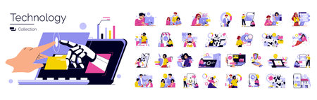 Technology and AI interaction illustration depicting human and robotic hands reaching towards a digital interface. Includes various icons highlighting tech innovation and interaction.のイラスト素材