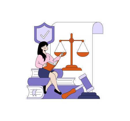 Vector illustration of a woman reading a book with legal symbols like scales, a gavel, and a checkmark shield. Represents education in law and justice concepts.のイラスト素材