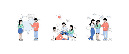 Vector illustration depicting group interactions with various emotions. People engage in conversation, laughter, and support amidst diverse settings, showcasing human connection and reactions.のイラスト素材