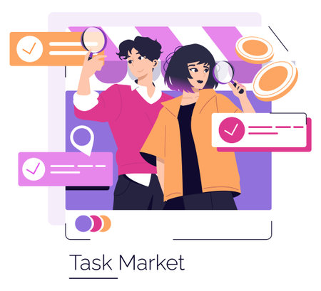Vector illustration of two people examining the concept of a task market using magnifying glasses, surrounded by task lists and location markers, symbolizing analysis and decision-making.のイラスト素材